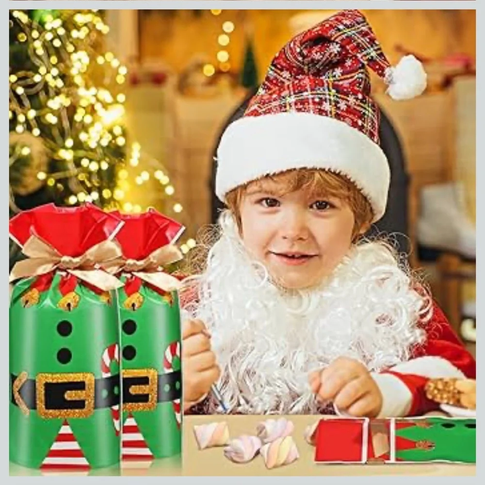 50 Festive Elf Party Favor Bags - Green and Red